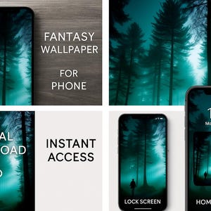 Dark Fantasy Forest Phone Wallpaper – Mysterious Silhouette in Misty Pines | Digital Download Background for iPhone & Android