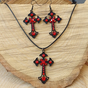 Gothic Jewelry Set – Black Cross Earrings with Red Crystals & Amulet Necklace, Statement Dark Fantasy Gift for Her Him