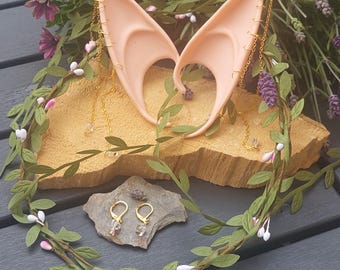 Unique Jewelry Set: Elf Ears with Piercing, Gold Chains and Crystals + Elf Crown + Pair of Stainless Steel Rock Crystal Earrings
