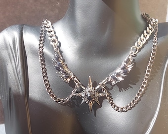 Elegant Gothic Silver Chain Necklace with Black Rhinestones, Stars, and Wings - Unique Dark Jewelry