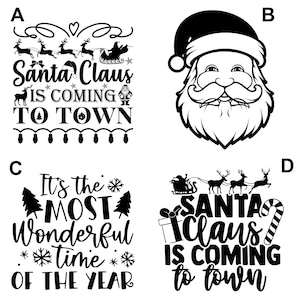 Może przedstawiać: Czarno-biała grafika świąteczna. Jeden z nich przedstawia Świętego Mikołaja z napisem "Santa Claus is coming to town". Inny m&oacute;wi "It's the most wonderful time of the year". Pokazano r&oacute;wnież twarz Świętego Mikołaja i sanie Świętego Mikołaja.