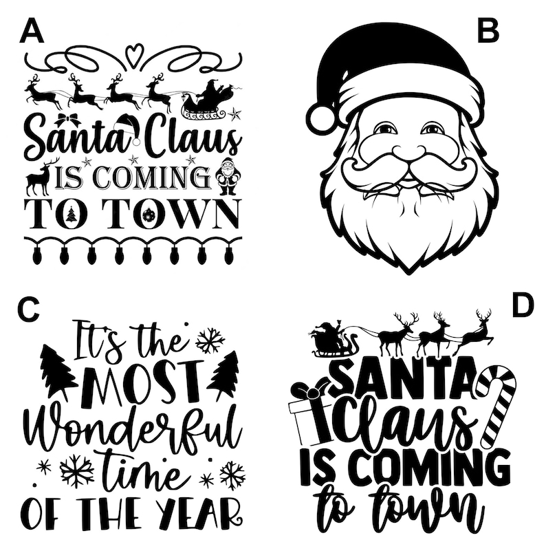 Może przedstawiać: Czarno-biała grafika świąteczna. Jeden z nich przedstawia Świętego Mikołaja z napisem "Santa Claus is coming to town". Inny m&oacute;wi "It's the most wonderful time of the year". Pokazano r&oacute;wnież twarz Świętego Mikołaja i sanie Świętego Mikołaja.