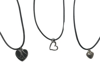 Silver-toned Heart Pendant Necklace, Puffy Heart, Black Heart,Silver Necklace, Leather Cord, Silver Plated Chain, Statement Necklace, Dainty