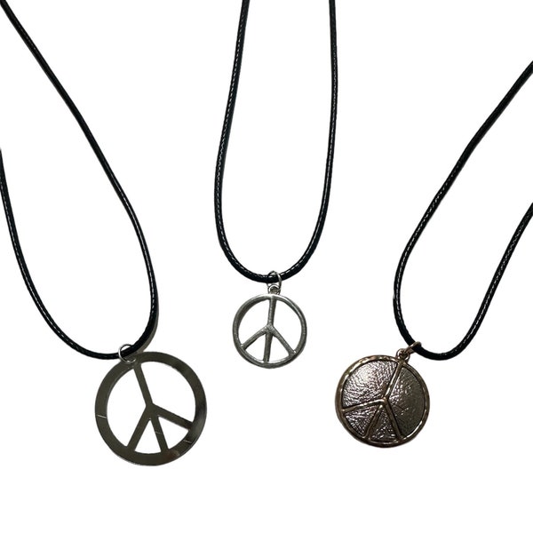 Silver-toned Peace Pendant Sign Necklace, Gold-Toned Peace Pendant, Silver Necklace, Leather Cord, Silver Plated Chain, Gold Plated, Hippie