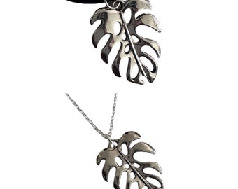 Silver-toned Monstera Leaf Pendant Charm Necklace, Silver Necklace, Leaf Necklace, Leather Cord , Silver Plated Chain, Nature Inspired