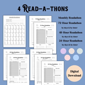 May include: Printable digital download of four different reading tracker templates. The templates are for monthly, 72-hour, 48-hour, and 24-hour readathons. Each template includes sections for books to read, food and drinks, to-do list, and activities.