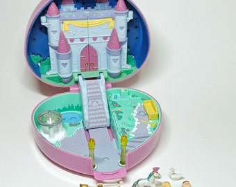 COMPLETO Starlight Castle Polly Pocket compatto 1992 Bluebird giocattoli vintage cuore rosa cigno principe carrozza TLC