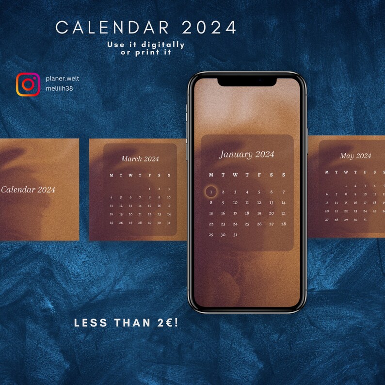 Calendar 2024, Kalender 2024 Digital Calendar, Wall Art, Monthly