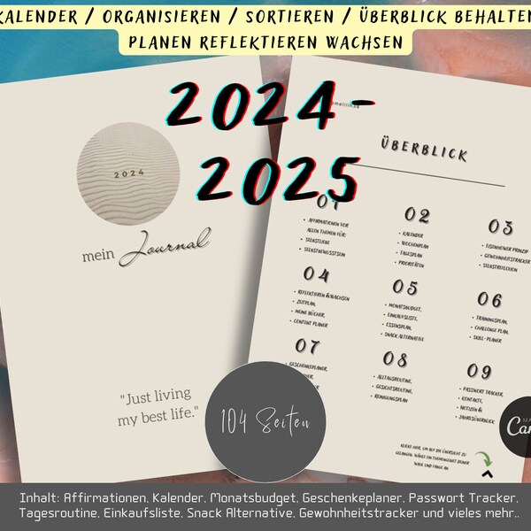 2024 - 2025 digitaler Planer, Journal für dein Wachstum. Organisieren Planen Reflektieren Wachsen, Entwicklungsjournal, digitaler Planer