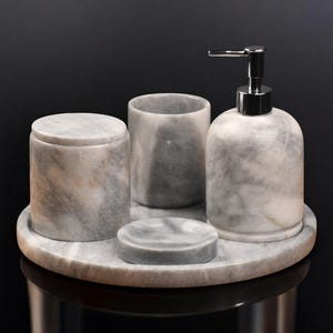 Handmade Grey Marble Bathroom Set – 4 Piece Natural Stone Bath Accessories, Elegant Home Decor"