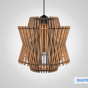 May include: A modern pendant light fixture with a wood and black metal frame. The light fixture has a geometric design with a starburst pattern. The light fixture is hanging from a black cord.