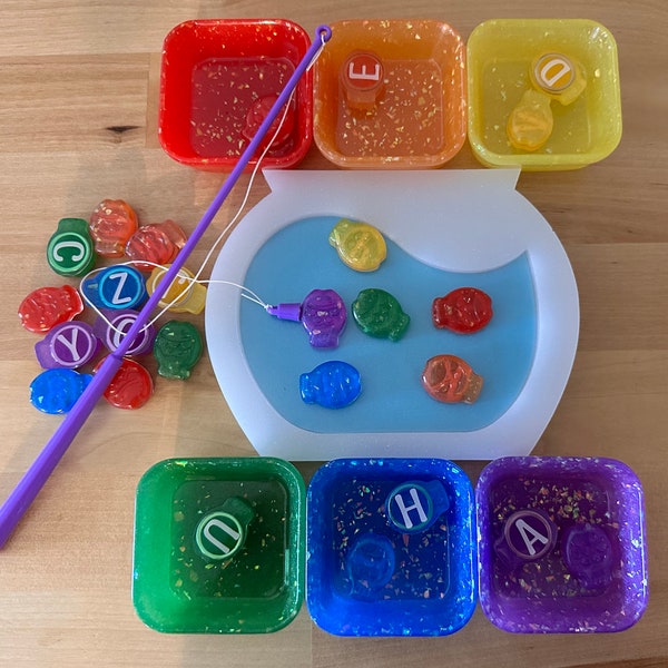 Magnetic Alphabet Fish | Rainbow Color Sorting Trays | Sensory Resin Loose Parts | Fish Bowl | ABC Resin Fish Bowl | Magnetic Fish