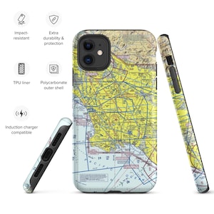 May include: A phone case with a map of Los Angeles, California. The case is black with a clear back and a raised lip around the camera lens. The map is in yellow, red, and blue. The case is compatible with wireless charging.