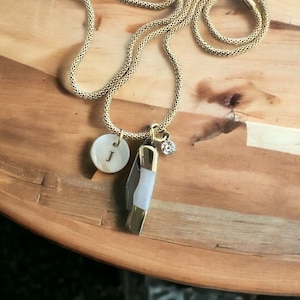 Personalized 14K Plated Mini Pocket Knife with White Pearl Shell Handle and Birth Stone and Initial Charm Pendant