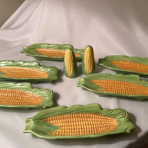 Hand Painted corn on the cob plates with matching salt and pepper shakers