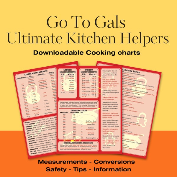 The Go To Gal's Ultimate Kitchen Helper Combo - Conversion charts, temperature guides, first-aid tips, cooking references and more!