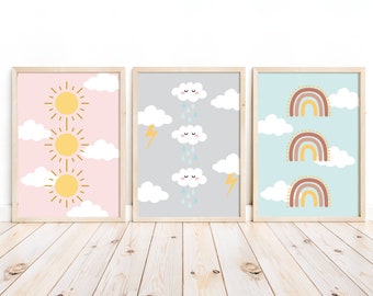 Nursery Set of 3 Prints, Printable Play Room Wall Art, Boho Nursery Decor, Sun Print, Cloud Print, Rainbow Print, Weather, DIGITAL DOWNLOAD