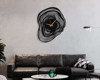 Grande décoration murale noire minimaliste, horloge surdimensionnée unique et moderne, décoration murale en métal, horloge murale en métal, meilleur cadeau pour elle, horloge murale ondulée