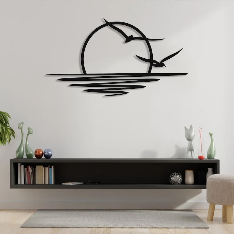 Sonnenaufgang Metallwandkunst, Sonne und Möwen-Wanddekor, Abstrakter Sonnenuntergang Hauptdekor, minimalistische Linie Kunst, Housewarminggeschenk, modernes Wandbehang Bild 1