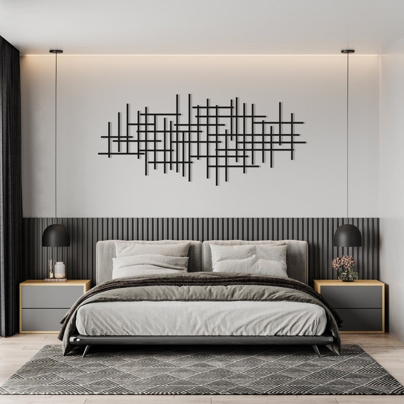 Moderne luxe stijl metalen muur kunst, Mid Century decor abstracte metalen muur sculptuur, boven bed decor, woonkamer decor, geometrische muur kunst Black