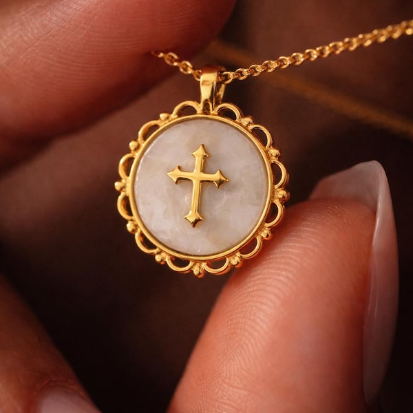 Gold Cross Mother of Pearl Pendant Necklace, Minimal Dainty Christian Jewelry
