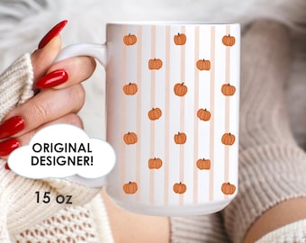 Striped Pumpkin Mug Cozy Autumn Mug Fall Coffee Cup Striped Mug Gift Cozy Fall Gift for Her Striped Coffee Mug with Pumpkins Fall Coffee Cup