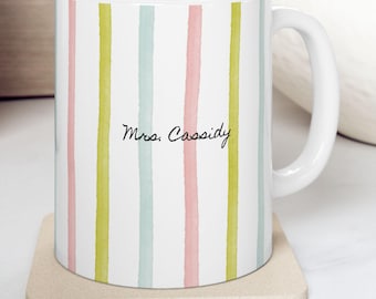 Personalizable Teacher Mug with Stripes, Pastel Stripes Mug, Custom Teacher Name Mug, Back to school gift for teacher, Striped Mug with name