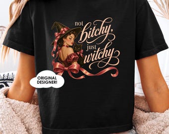 Witchy funny halloween tee, witch halloween tshirt, retro halloween boxy tshirt retro witch tee, witch and black cat tshirt, retro black cat