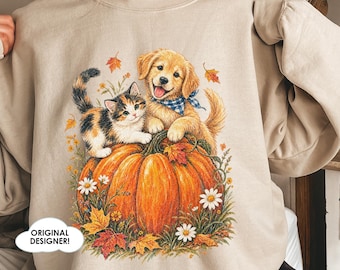 Puppy and Kitten on Pumpkin Sweatshirt, Autumn Fall Cozy Animal sweatshirt, vintage puppy shirt, Golden Retriever fall sweatshirt, Fall cat