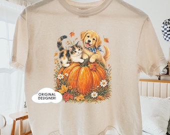 Fall Dog Pumpkin Tee, Golden Retriever Pumpkin Tee, Vintage 90s Cat autumn shirt, vintage dog shirt, gift for cat lover, cat and dog owner