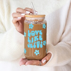 Christian Glass Cup, Love like Jesus Glass Coffee Cup, Flower Glass Cup, Glass Iced Coffee Cup, Christian Quote Glass, Aesthetic Jesus Gift