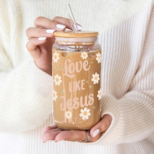 Christian Glass Cup, Love like Jesus Glass Coffee Cup, Flower Glass Cup, Glass Iced Coffee Cup, Christian Quote Glass, Christian tumbler