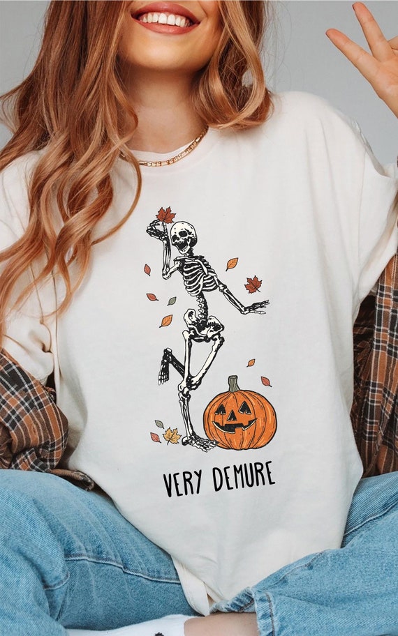 Very Demure Tshirt, Demure Fall tshirt, Skeleton Demure shirt, trendy fall t-shirts, Mindful and Demure, Fall Demure shirts, Demure shirt