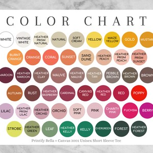 May include: Color chart with 36 different color swatches, each with a name. The colors include white, vintage white, natural, soft cream, yellow, maize yellow, gold, mustard, burnt orange, orange, coral, sunset, sand dune, heather peach, heather prism peach, heather prism sunset, maroon, heather maroon, heather clay, mauve, heather mauve, heather tan, pebble brown, heather brown, brown, autumn, rust, heather raspberry, cardinal, canvas red, heather red, red, poppy, lilac, heather prism lilac, heather orchid, orchid, soft pink, pink, charity pink, fuchsia, berry, strobe, heather green, leaf, heather kelly, kelly, evergreen, forest, heather forest.