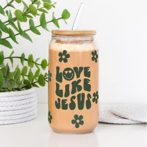 Christian Glass Cup, Love like Jesus Glass Coffee Cup, Flower Glass Cup, Glass Iced Coffee Cup, Christian Quote Glass, Aesthetic Jesus Gift