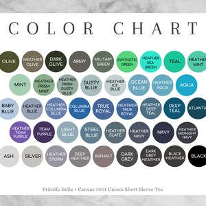 May include: Color chart showing various shades of blue, green, purple, grey, and black. The chart is labeled "Color Chart" and "Printify Bella + Canvas 3001 Unisex Short Sleeve Tee".