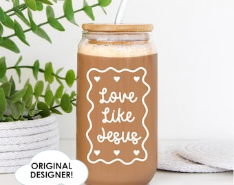 Christian Glass Cup, Love like Jesus Glass Coffee Cup, Flower Glass Cup, Glass Iced Coffee Cup, Christian Quote Glass, Aesthetic Jesus Gift