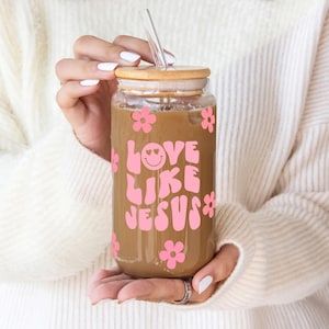 Christian Glass Cup, Love like Jesus Glass Coffee Cup, Flower Glass Cup, Glass Iced Coffee Cup, Christian Quote Glass, Aesthetic Jesus Gift