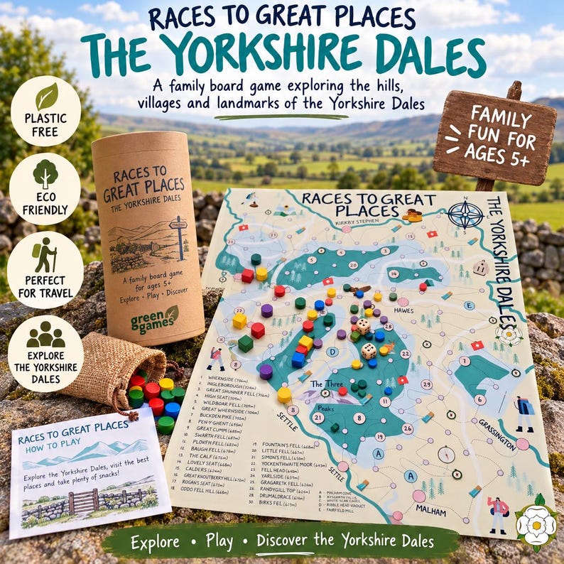 May include: A board game titled Races to Great Places The Yorkshire Dales, featuring a cylindrical cardboard tube, a game board with a map of the Yorkshire Dales, colorful wooden tokens, two dice, a burlap drawstring bag, and an instruction card.