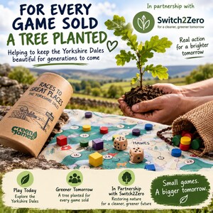 May include: A board game titled Races to Great Places The Yorkshire Dales in a cylindrical cardboard tube, featuring a fabric game map, wooden cubes, dice, and a burlap bag. Text includes For every game sold a tree planted and Switch2Zero.