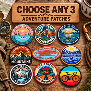 May include: A wooden sign with the text CHOOSE ANY 3 ADVENTURE PATCHES above eight embroidered patches featuring outdoor themes like mountains, swimming, running, cycling, and paddleboarding with vibrant colours and detailed graphic designs.