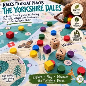 May include: A board game titled Races to Great Places The Yorkshire Dales featuring a fabric map with illustrations of hills, trees, and wildlife. Includes wooden dice, colorful wooden tokens, and a burlap bag with plastic-free and eco-friendly labels.