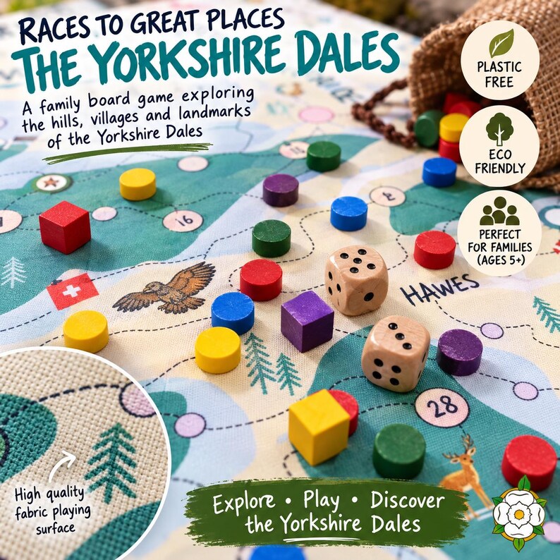 May include: A board game titled Races to Great Places The Yorkshire Dales featuring a fabric map with illustrations of hills, trees, and wildlife. Includes wooden dice, colorful wooden tokens, and a burlap bag with plastic-free and eco-friendly labels.