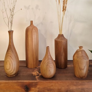 Handcrafted Elmwood Vase Set, Abstract Boho Decor