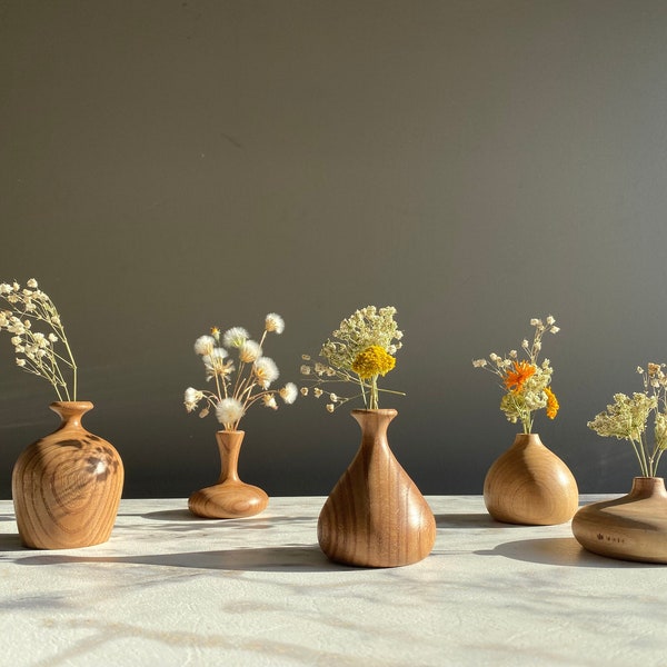 ensemble de 5 vases en bois fabriqués à la main uniques, pièce maîtresse de pot de fleur en bois d’orme faite à la main, art de forme abstraite, mini vase boho en bois massif sculpté à la main