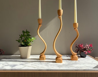 Ensemble de bougeoirs faits main en bois de hêtre, décoration de table bohème