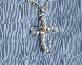 Necklace for Girl or Woman, Dainty Pearl Cross on Gold Chain