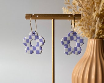 Checkered Flower Hoops - Flower Polymer Clay Earrings - Lilac - Handmade