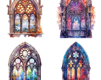 Acuarela Gótica Windows Clipart - vidrieras de iglesia de fantasía vibrante oscura PNG transparente uso comercial descargable instantáneo