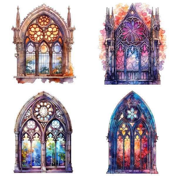 Watercolor Gothic Windows Clipart - dark vibrant fantasy church stained glass windows transparent PNG instant downloadable commercial use